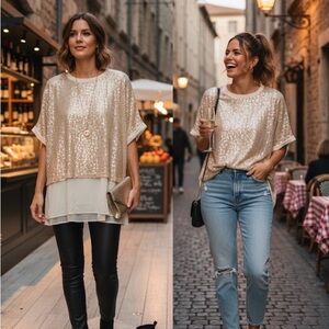 Umgee NWT Sparkling Gold Sequined Layered Tunic Top - Oversized Glam Medium